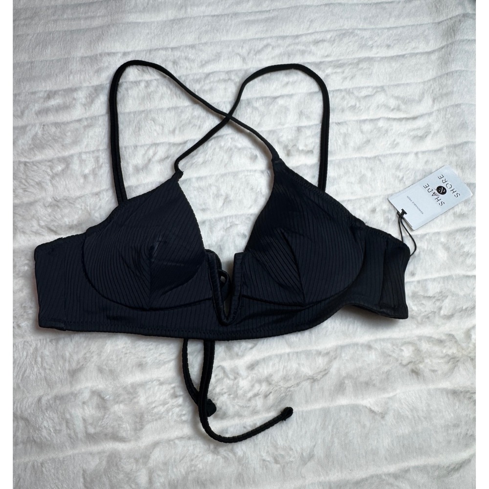 Shade & Shore Black Ribbed V-Wire Bikini Top 32B NWT